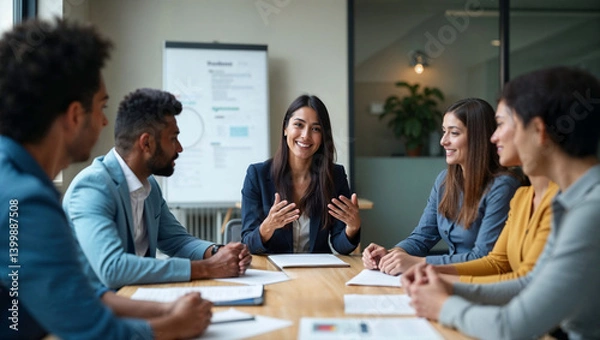 Fototapeta Indian HR representative welcoming new employees and explaining company benefits in modern office setting promoting positive onboarding experience