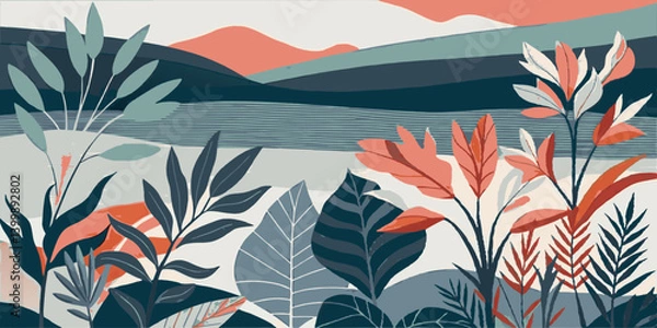 Obraz Abstract Nature Landscape with Colorful Leaves and Hills in Modern Vector Art Style