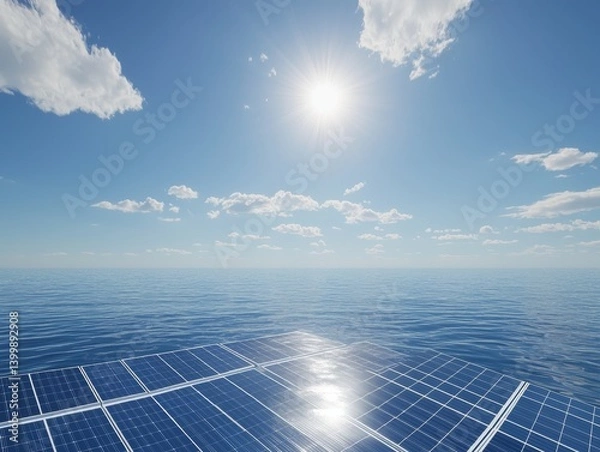 Fototapeta Solar panel array atop calm ocean, radiant sun in a clear blue sky reflecting light