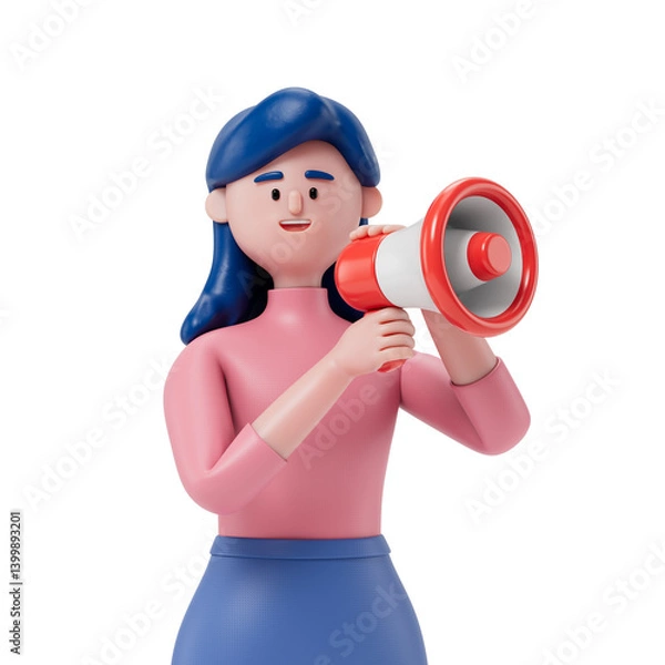 Fototapeta woman with a megaphone, symbolizing announcement or spreading information. 3D rendering, conceptual image. Isolated on white background.
