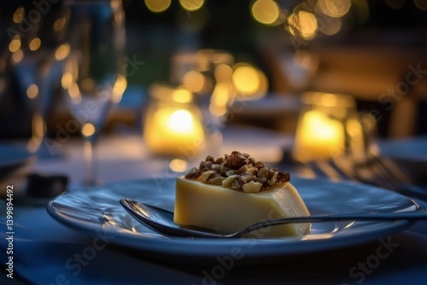 Fototapeta A slice of creamy panna cotta topped with crunchy walnuts, served on a dinner plate.