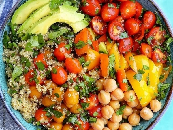 Fototapeta Colorful salad bowl with cherry tomatoes, avocado, quinoa, chickpeas, and bell pepper
