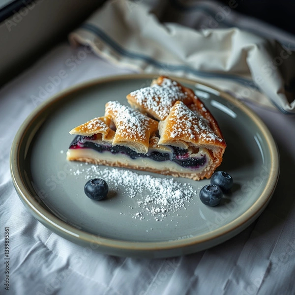 Fototapeta Slice of Blueberry Cream Pie with Powdered Sugar