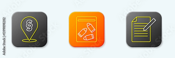 Obraz Set line Location law, Evidence bag and bullet and Document pen icon. Vector