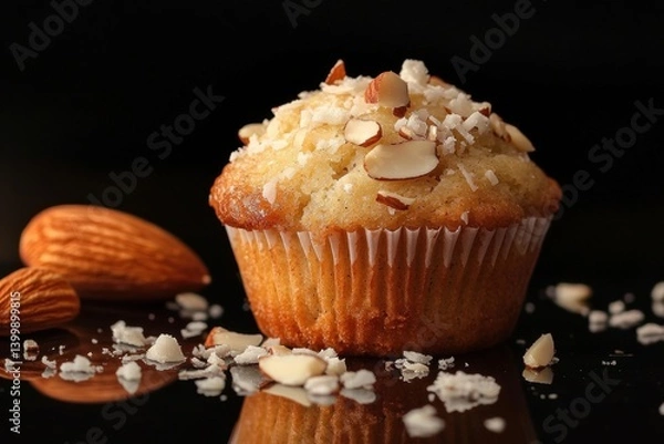 Fototapeta Delicious almond muffin with coconut flakes on a reflective black surface showcasing bakery freshness and culinary delight in a studio shot
