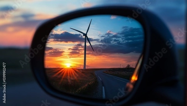 Fototapeta Sunset reflected in a car mirror, wind turbine in the background