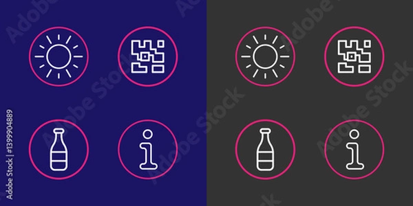 Fototapeta Set line Information, Bottle, QR code and Sun icon. Vector