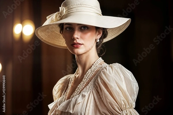 Obraz elegant lady in white hat with red lips make up fashion woman in luxury evening dress over black beautiful model in big wide brimmed hat and wedding gown concept