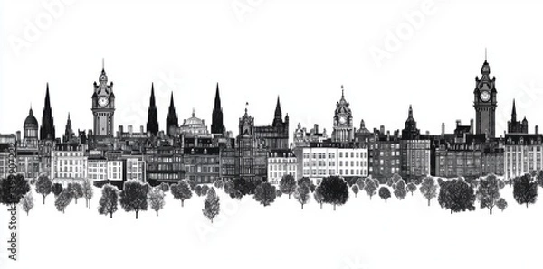 Obraz Edinburgh Scotland skyline, black and white, highly detailed digital illustration, urban modern style, featuring iconic landmarks and architecture, artistic print poster