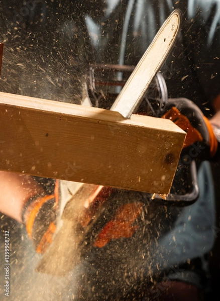 Obraz Worker uses a chainsaw to cut a plank into two pieces while working