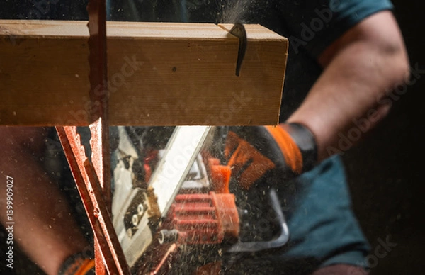 Fototapeta Worker uses a chainsaw to cut a plank into two pieces while working