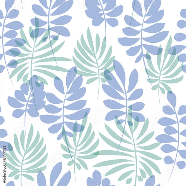 Fototapeta Tender pale blue and green tropical leaves seamless pattern. Decorative summer nature surface design. vector illustration for fabric, print, wrapping paper