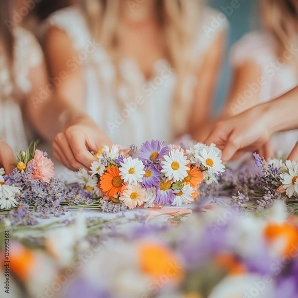 Obraz Crafting Delicate Floral Crowns with Daisies and Lavender in a Sunny Setting