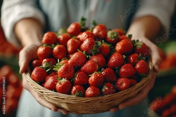 Obraz Hands Holding a Basket of Fresh Strawberries in a Market Setting