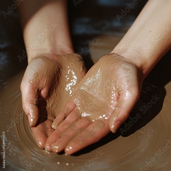 Obraz Hands Masterfully Shaping Clay on a Pottery Wheel Under Warm Natural Light
