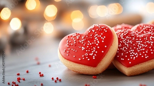Obraz Heart-Shaped Cookies with Red Icing and Sprinkles for Romantic or Festive Occasions