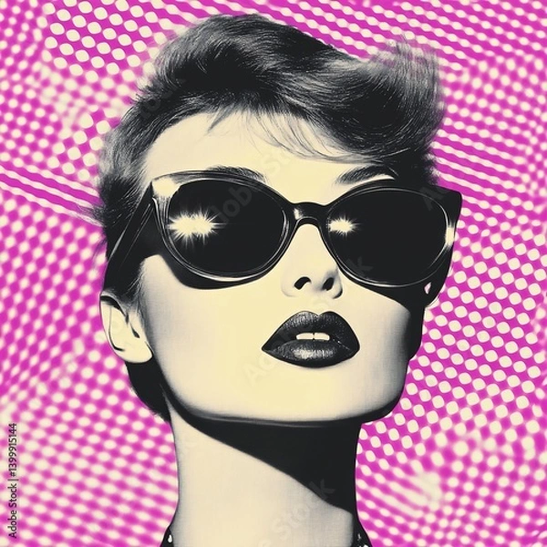 Obraz Retro Style Woman with Sunglasses in Bold Halftone Art on Pink Background