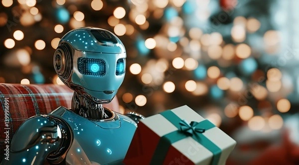 Obraz Robot in Festive Decor Holds a Gift Box Wrapped in Green Striped Foil