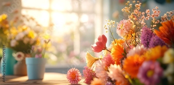 Obraz Vibrant Blooms with Sunlight in a Cozy Room Create a Colorful Atmosphere