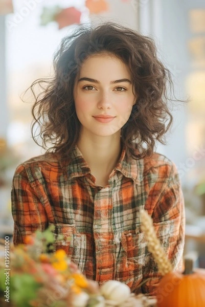 Obraz Young Woman in Warmly Lit Workshop with Autumn Decorations and Smile