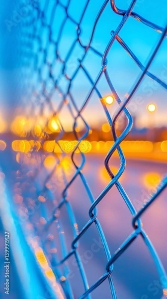 Obraz Chain Link Fence Against Blurred Background with Bokeh at Sunrise or Sunset