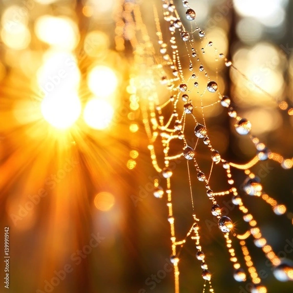 Obraz Delicate Dew-Kissed Web Shimmering in Morning Sunlight with Golden Rays