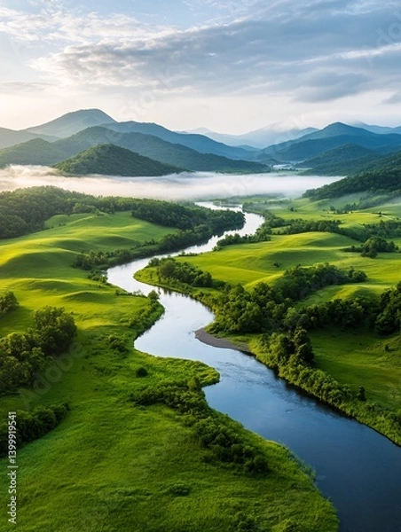 Obraz Majestic Aerial View of a Serene River Winding Through Lush Green Hills