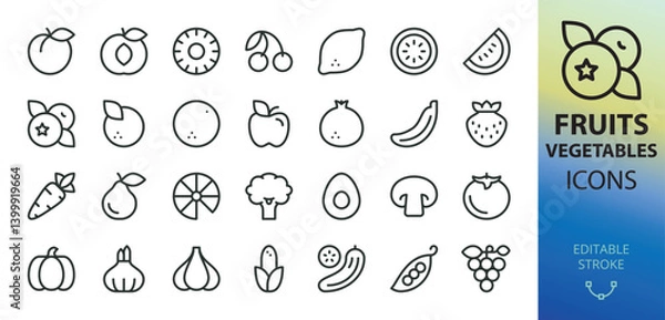 Fototapeta Fruits and vegetables line icons set. Set of peach, apricot, apple, carrot, lemon, pea, pumpkin, strawberry, pear, onion, garlic, grapes, cherry, cucumber, tomato, banana, pomegranate vector icon