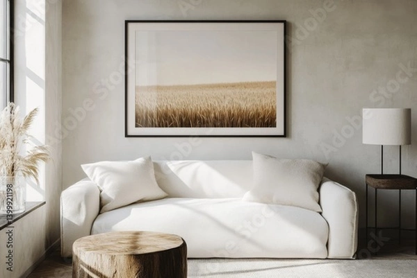 Fototapeta Minimalist living room with natural elements.  A light and airy space featuring a cream-colored sofa, a wooden stump side table, a framed landscape print, pampas grass, and a simple lamp