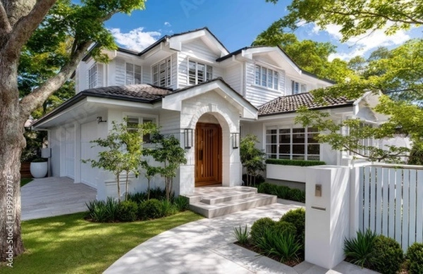 Obraz a modern classic-style home in Sydney, white with some pastel colors and wooden accents, front yard with green grass, small trees, and shrubs.