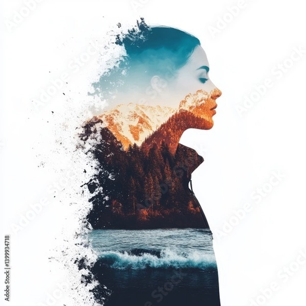 Fototapeta Double Exposure Portrait Merging Woman s Profile with Mountain and Water Scenery