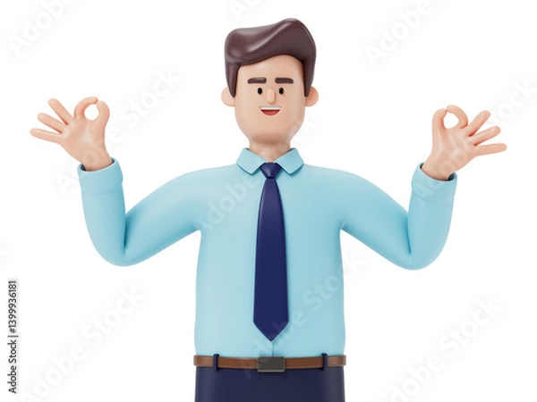 Obraz A man with OK gesture in business attire. Symbolizes approval or positivity. 3D rendering, conceptual image. Isolated on white background.