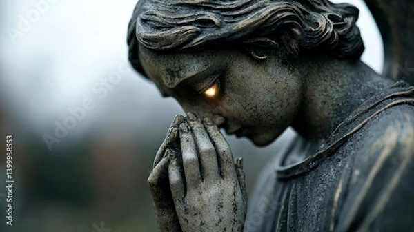 Obraz Angel Statue: A captivating close-up of an angel statue with glowing eyes, emanating a mystical aura against a blurred, serene backdrop. Embodying tranquility, spirituality.