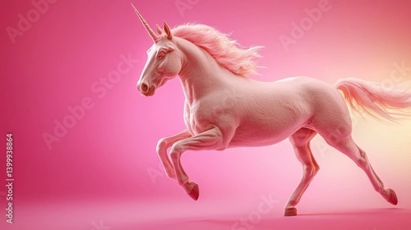 Obraz Enchanting Unicorn in Pink: A majestic unicorn, a symbol of fantasy, prances gracefully against a vibrant pink backdrop, its form radiating with an ethereal glow, embodying magic and wonder. 