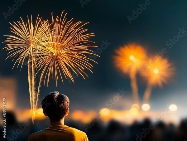 Obraz Ephemeral Blaze: A silhouette of a man gazes in awe at a vibrant fireworks display, illuminating the night sky. Captured from a rear perspective.