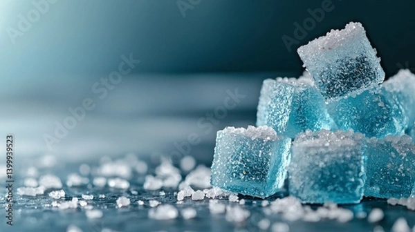 Obraz Crystalline Delight: Close-up shot of a pile of sugar cubes, glistening with a delicate frost, their icy blue hue contrasting with a blurred backdrop of cool tones.