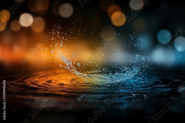 Fototapeta Dynamic Water Splash: Capturing the transient beauty of a water splash, its form artfully framed by an atmospheric backdrop of bokeh and ambient color, showcasing nature's ephemeral artistry.
