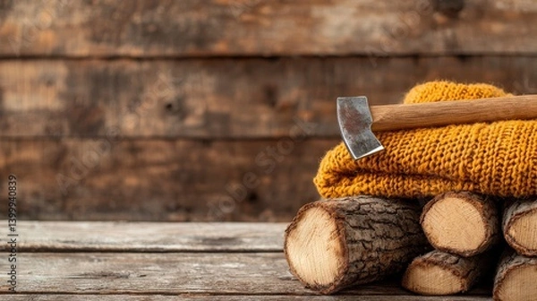 Obraz Rustic Lumberjack Scene: A weathered axe rests on a stack of logs, with cozy, textured yellow items adding warmth. This image evokes the spirit of industriousness and the tranquility of the outdoors.