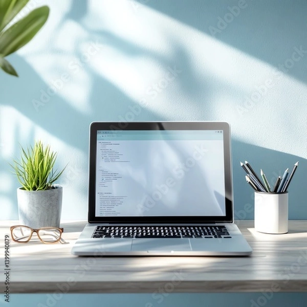 Fototapeta Virtual workshop interface on laptop screen, remote education setup