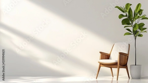 Obraz Zen Interior: A minimalist interior featuring a solitary armchair, a potted plant, and soft shadows cast across a pristine surface, embodying serenity and modern simplicity.