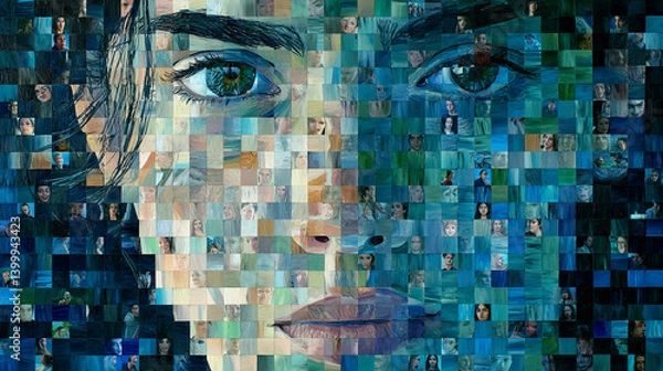 Fototapeta Mosaic portrait of woman's face, composed of smaller portraits, exhibiting a blend of blue and green hues, symbolizing unity, diversity, and collective identity