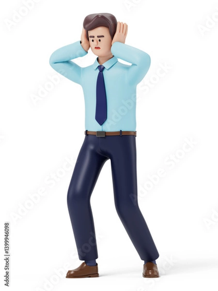 Fototapeta A man with hands on head, symbolizing stress or exasperation. 3D rendering, conceptual image. Isolated on white background.