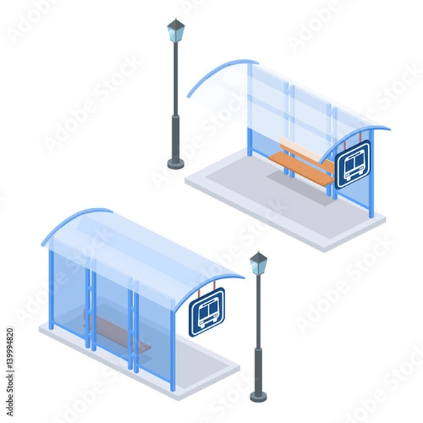 Fototapeta Isometric flat 3D concept vector illustration city bus stop with street light at the rear and in front. Set of collection.