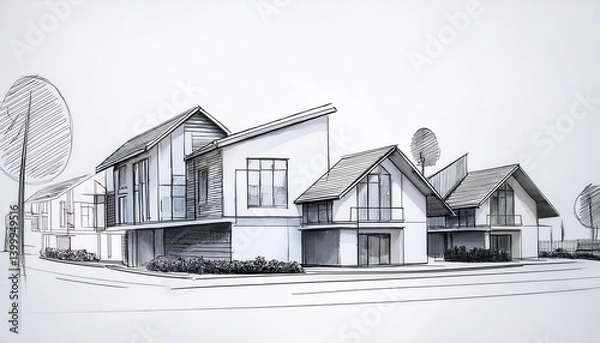 Obraz Hand drawn minimalist sketch of a housing estate viewed from the side showcasing modern architecture and simple design elements