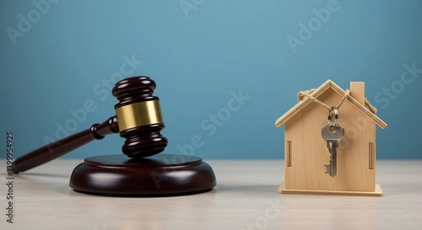 Obraz Wooden Gavel and House Model with Keys: Real Estate Law and Foreclosure Concept