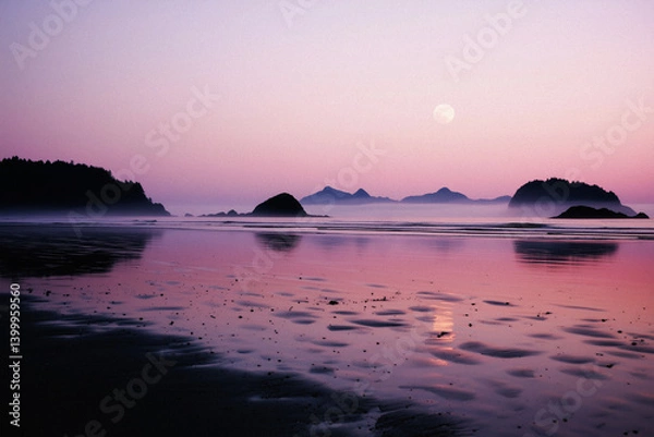 Fototapeta AI Image. Mysterious tranquil beach at sunset