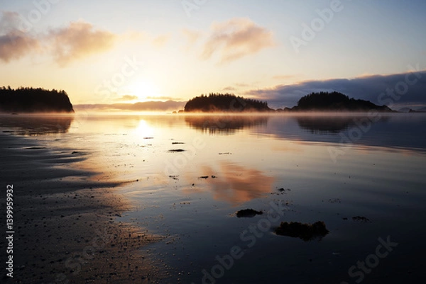 Fototapeta AI Image. Serene sunset beach in golden hour