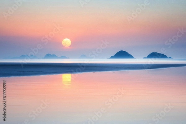 Fototapeta AI Image. Mysterious tranquil beach at early morning