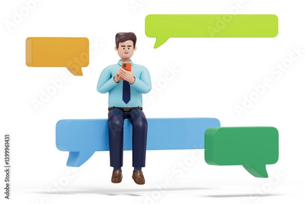 Obraz A man sits on a speech bubble bench, using his phone, symbolizing digital communication. 3D rendering, conceptual image. Isolated on white background.