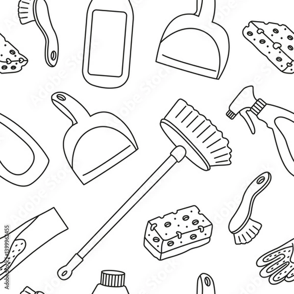 Fototapeta Vector seamless pattern with cleaning items in doodle style. Drawing for various projects with cleaning items.